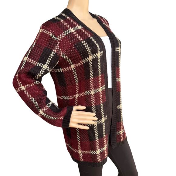 Forever 21 L Plaid Cardigan Open Front Long Sweater Red Black Cream Grunge - Picture 3 of 5